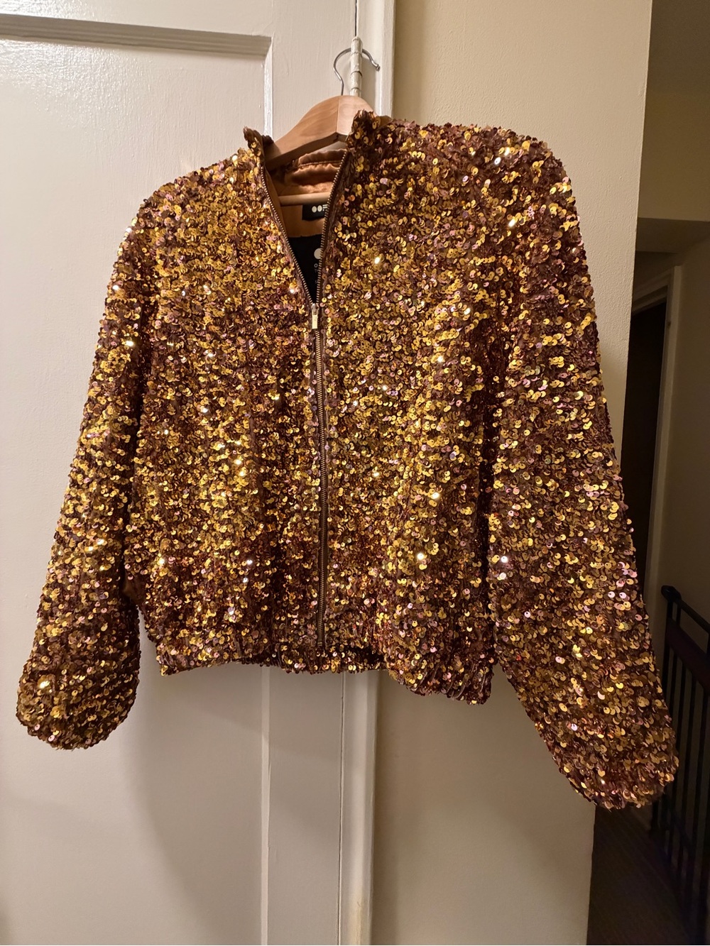 Anthropologie OOFWEAR OOF Pink Velvet & Gold Sequin Zip Bomber Jacket